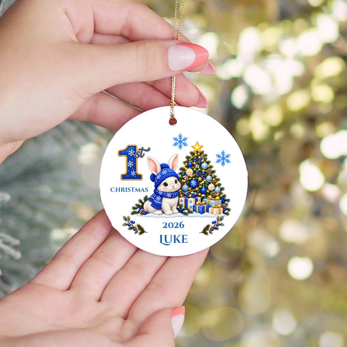 Baby Bunny Personalized Christmas Ornament. Baby's 1st 2nd 3rd Christmas, Custom Name Year Ceramic Keepsake, Girl Gift