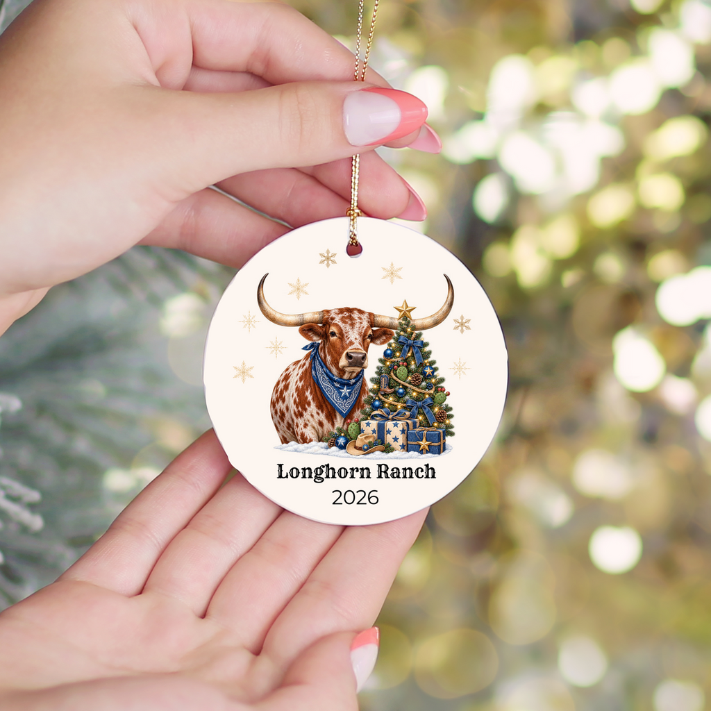 Personalized Longhorn Christmas Ornament, Western Cowboy Ceramic Ornament, Custom Name and Year