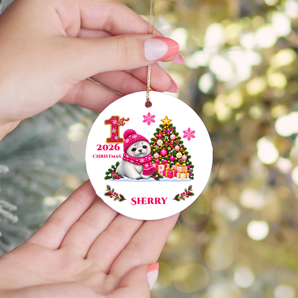 Baby Seal Pup Personalized Christmas Ornament, Custom Name Year Ceramic Keepsake, Baby’s 1st 2nd 3rd Christmas, Girl Gift