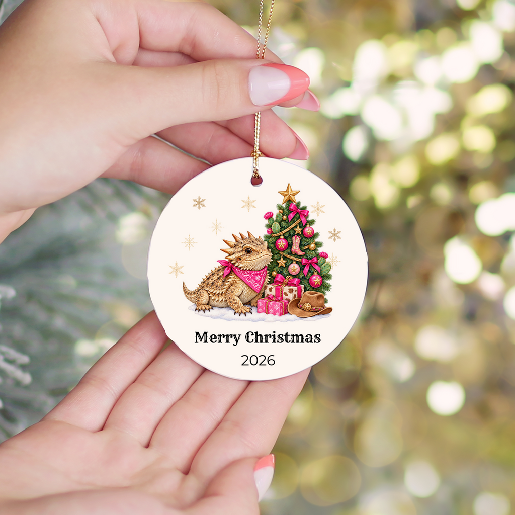 Personalized Horny Toad Christmas Ornament, Texas Horned Lizard, Western Cowboy Cowgirl Decor, Blue or Pink, Custom Name Year Gift