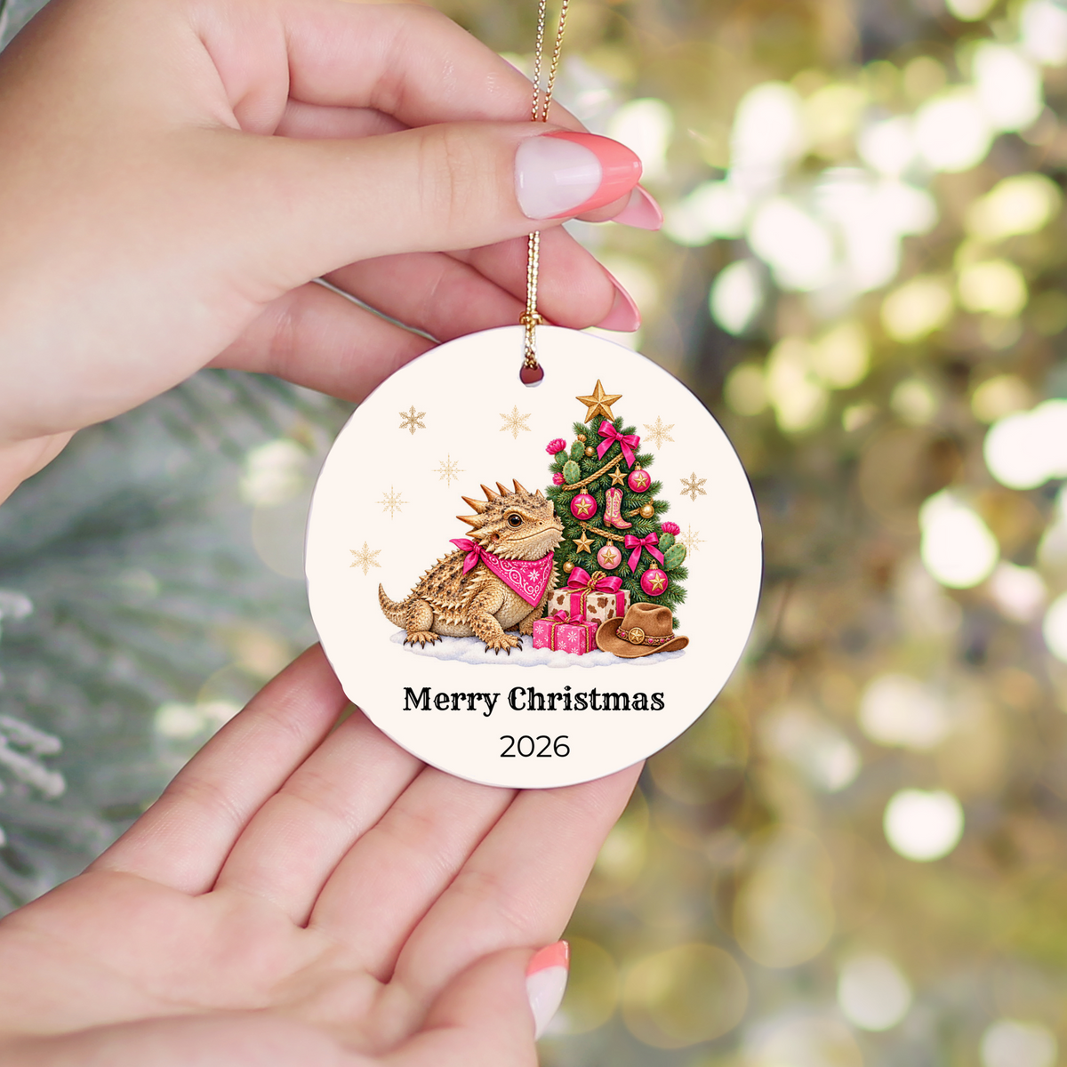 Personalized Horny Toad Christmas Ornament, Texas Horned Lizard, Western Cowboy Cowgirl Decor, Blue or Pink, Custom Name Year Gift