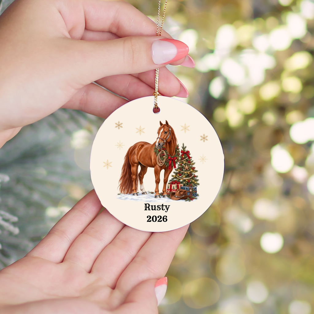 Personalized Horse Christmas Ornament, Custom Horse Photo Portrait, Western Cowboy Ceramic Ornament, Horse Name and Year, Equestrian Gift