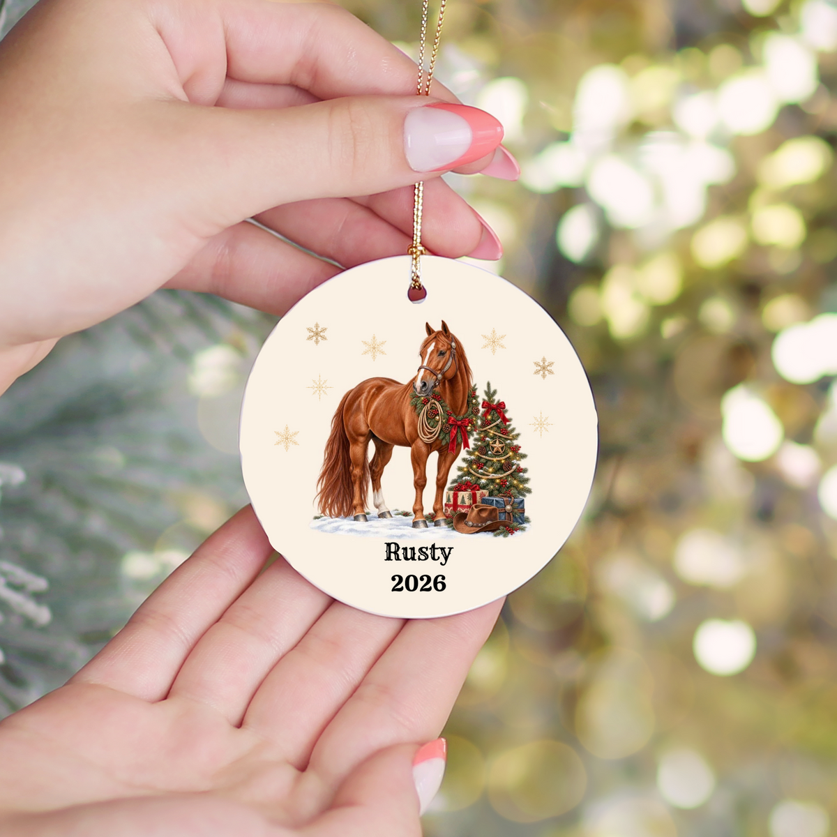 Personalized Horse Christmas Ornament, Custom Horse Photo Portrait, Western Cowboy Ceramic Ornament, Horse Name and Year, Equestrian Gift
