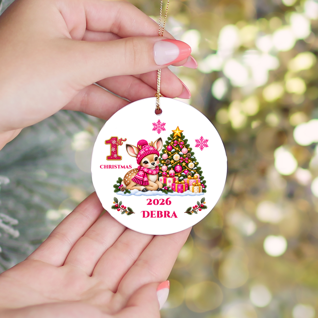 Fawn Baby Personalized Christmas Ornament, Baby's 1st 2nd 3rd Christmas, Custom Name Year Ceramic Keepsake, Boy or Girl Gift