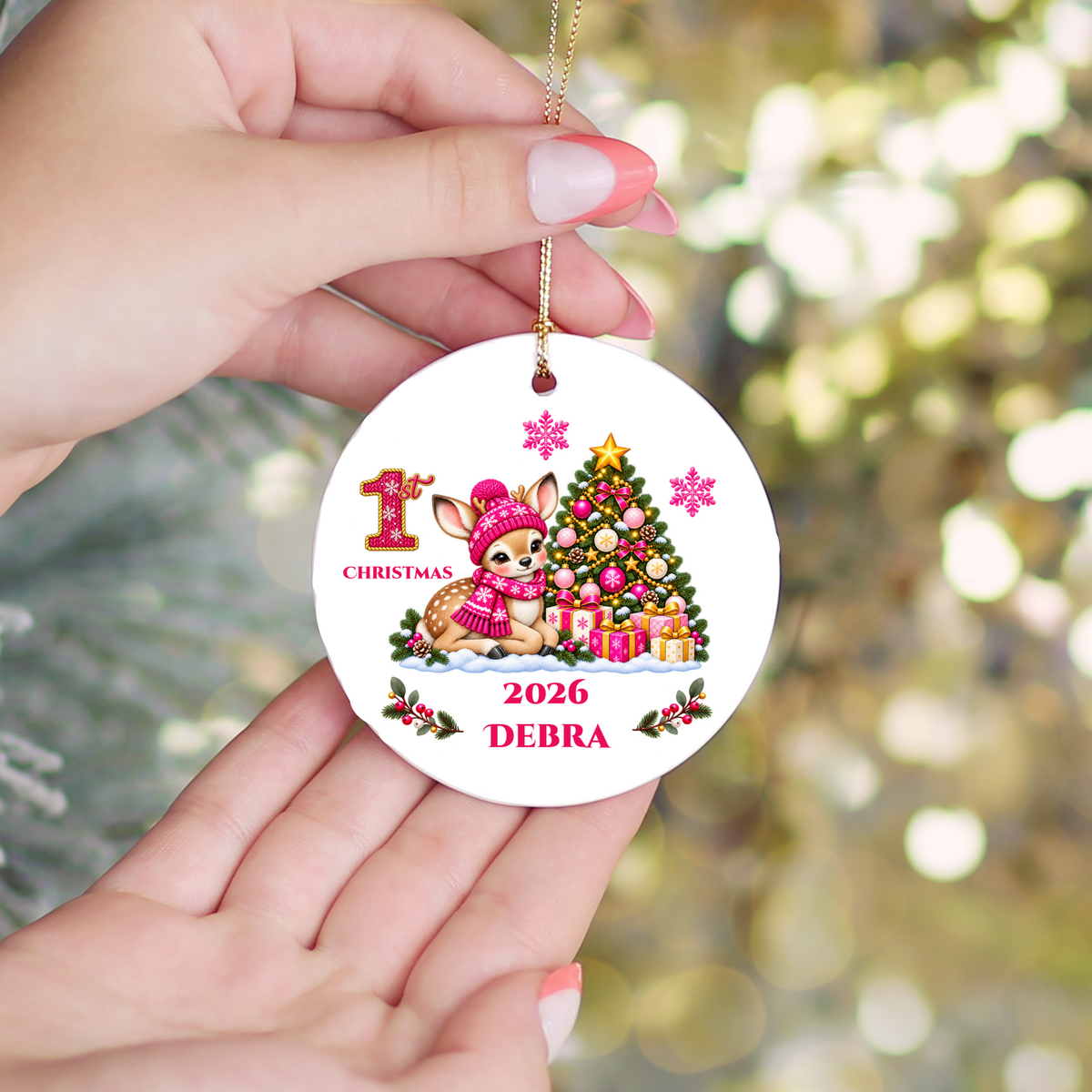 Fawn Baby Personalized Christmas Ornament, Baby's 1st 2nd 3rd Christmas, Custom Name Year Ceramic Keepsake, Boy or Girl Gift