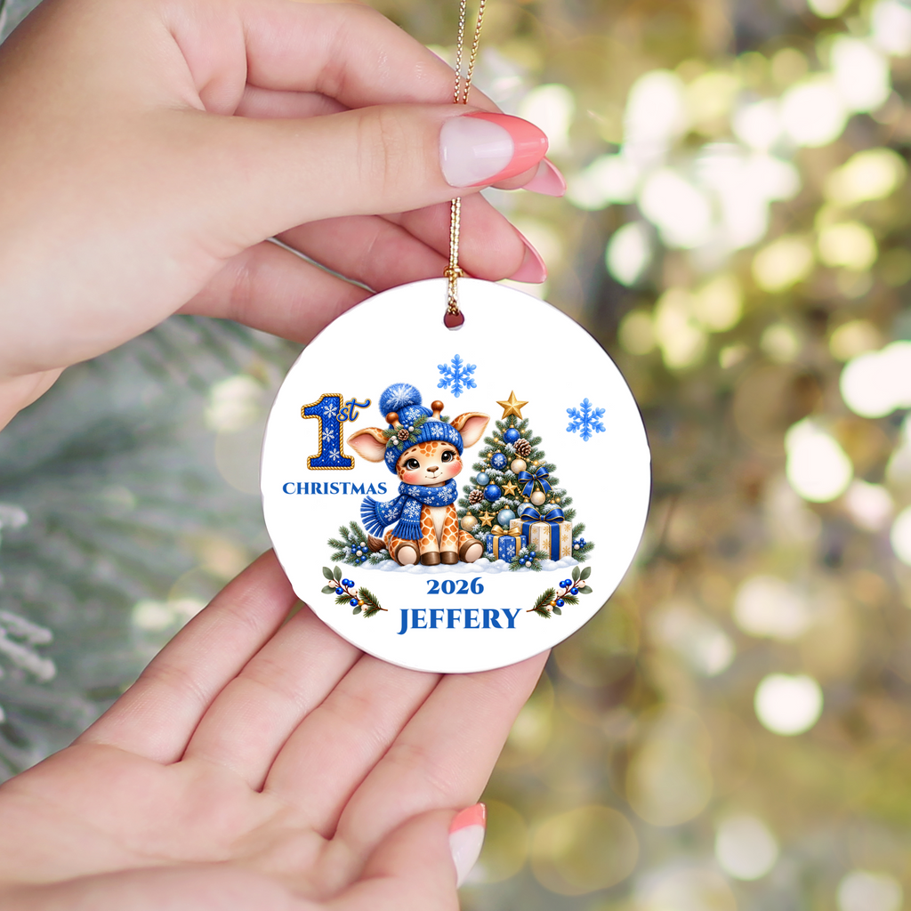Giraffe Baby Personalized Christmas Ornament, Baby's 1st 2nd 3rd Christmas, Custom Name Year Ceramic Keepsake, Boy or Girl Gift