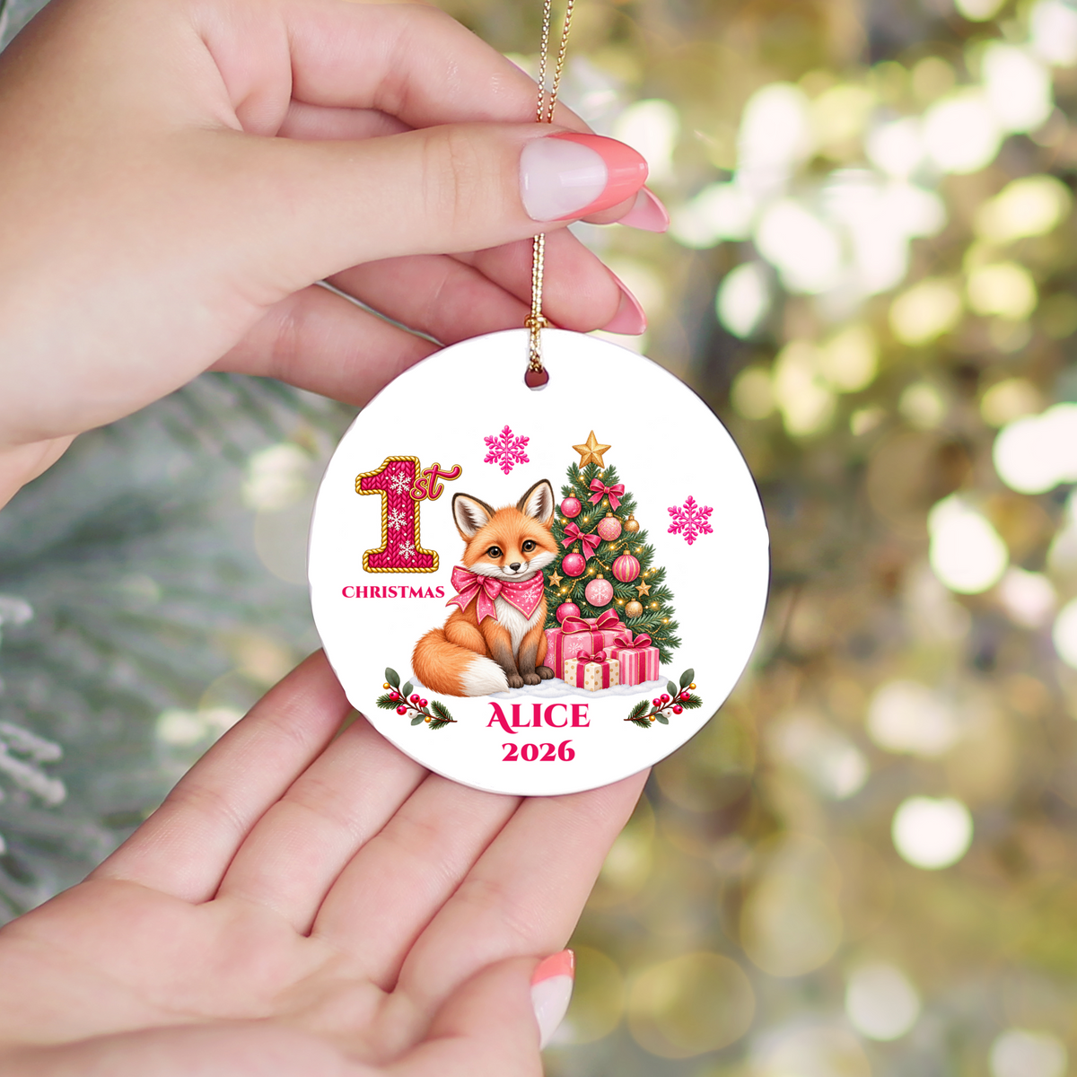 Fox Baby Personalized Christmas Ornament, Baby's 1st 2nd 3rd Christmas, Custom Name Year Ceramic Keepsake