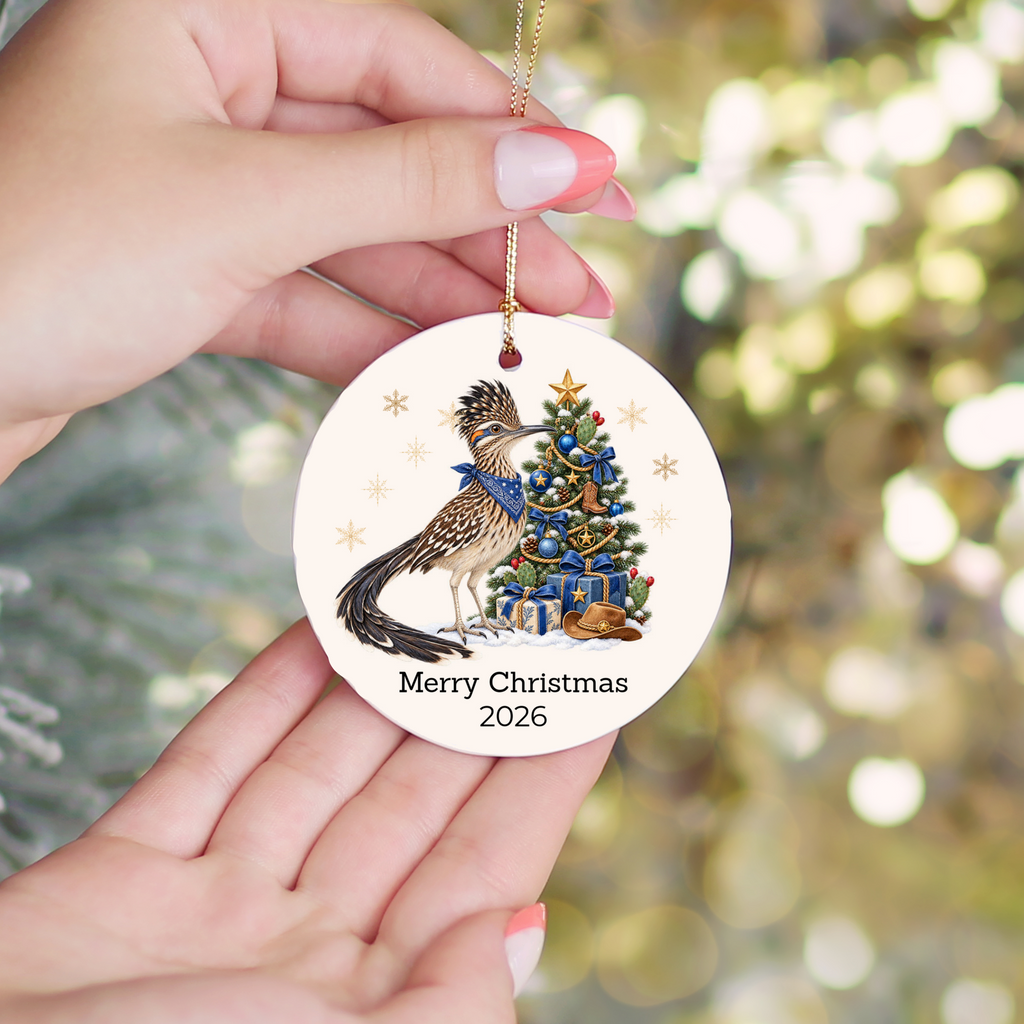 Personalized Roadrunner Christmas Ornament, Western Cowboy Cowgirl Decor, Blue or Pink, Custom Text and Year, Southwest Christmas Gift