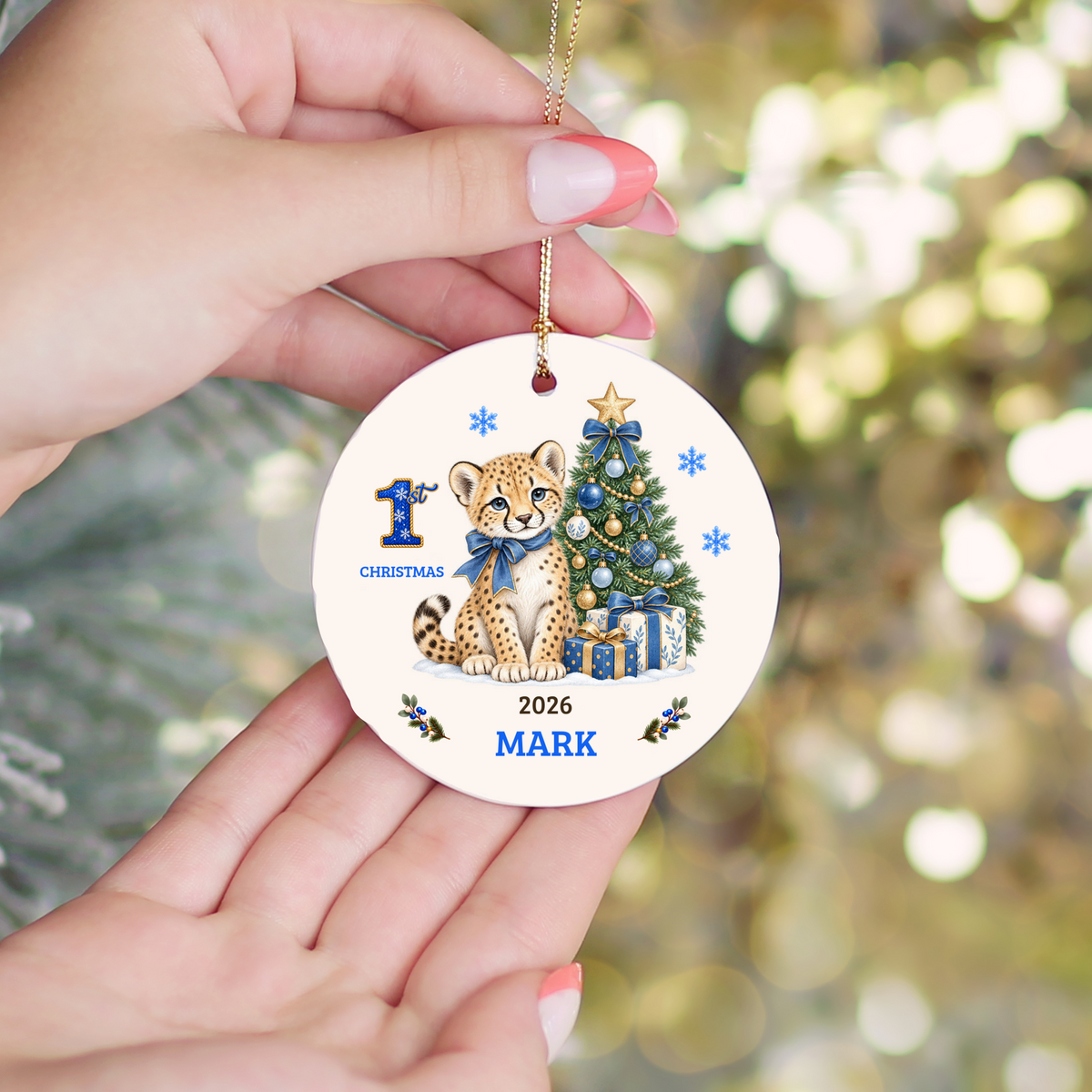 Personalized Baby Cheetah Christmas Ornament, Baby's First Christmas, 1st–10th Year Keepsake, Custom Name and Year, Pink or Blue