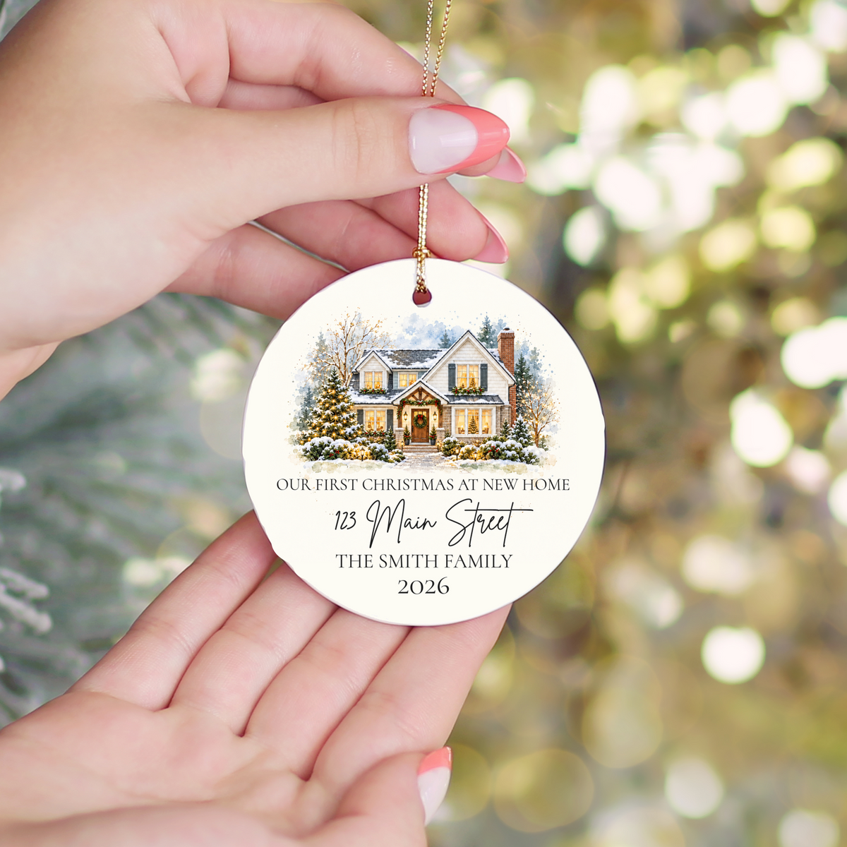 Custom House Photo Christmas Ornament, Personalized First Christmas in New Home, Watercolor House Portrait, Address Family Name Ceramic Gift