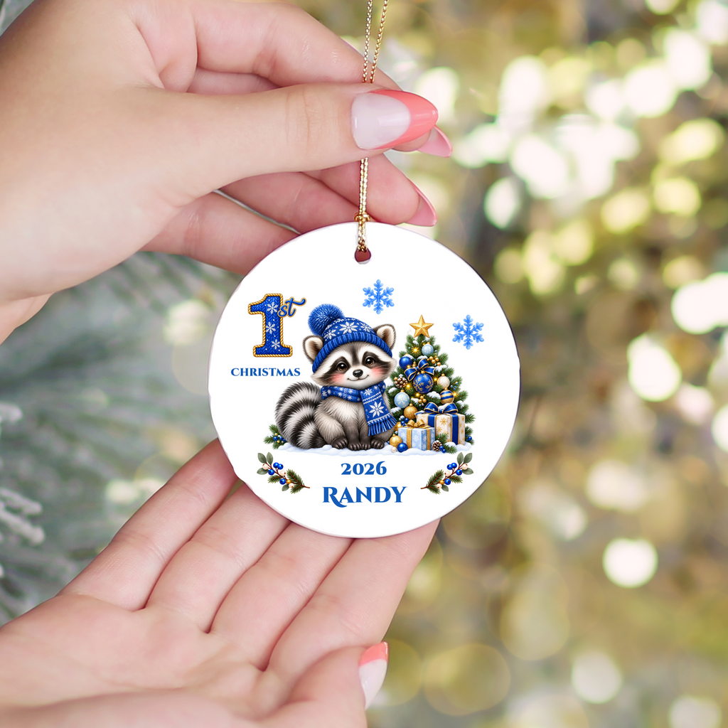 Baby Raccoon Personalized Christmas Ornament, First Christmas Keepsake, Pink Winter Animal Ceramic Tree Decoration, New Baby Gift 2026
