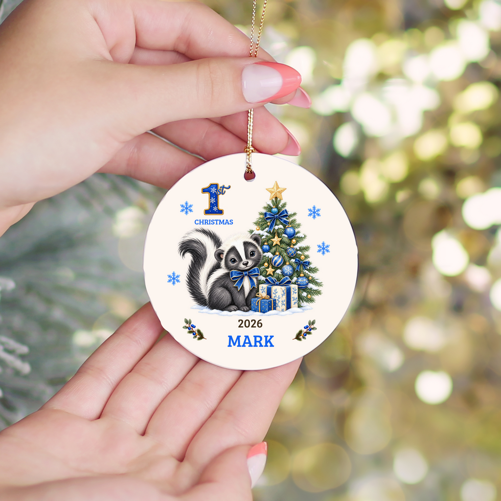 Personalized Baby Skunk Christmas Ornament, Baby's First Christmas, 1st–10th Christmas Keepsake, Custom Name and Year, Pink or Blue