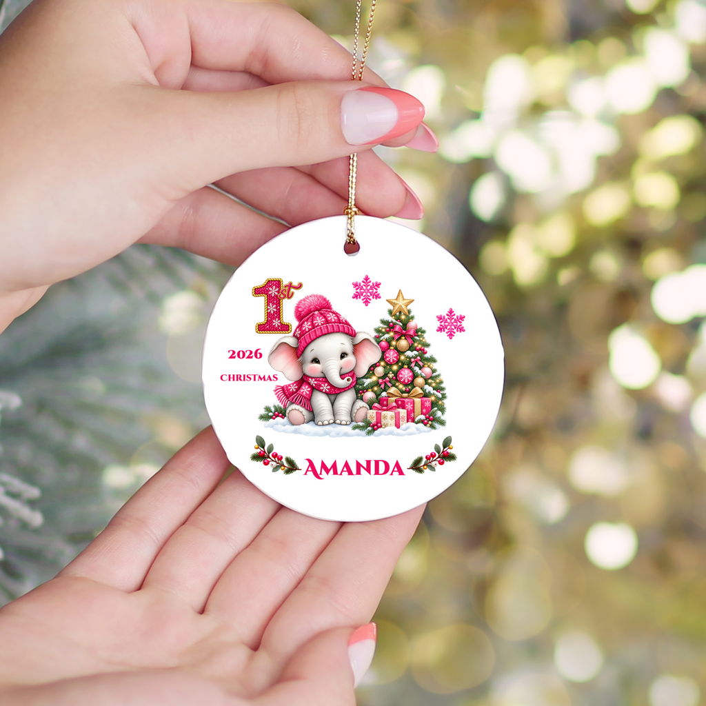 Elephant Baby Personalized Christmas Ornament Pink, Baby's 1st 2nd 3rd Christmas, Custom Name Year Ceramic Keepsake, Girl Gift