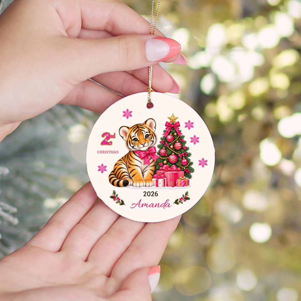 Personalized Baby Tiger Christmas Ornament, Baby's 1st to 10th Christmas Keepsake, Custom Name and Year, Pink or Blue, Ceramic Gift
