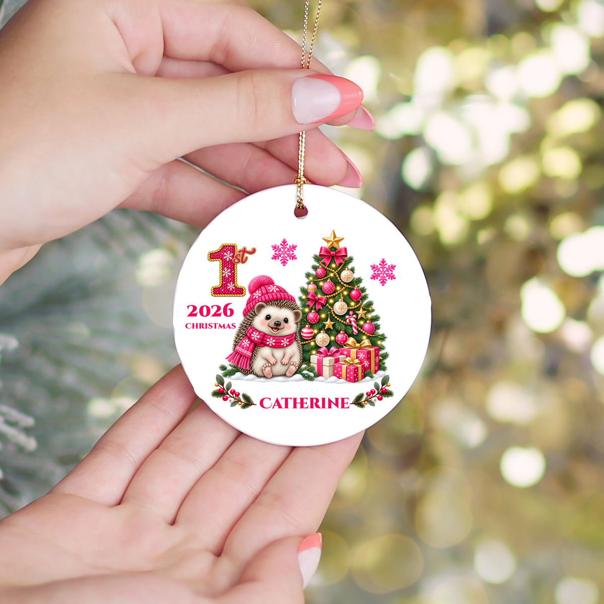 Hedgehog Baby Personalized Christmas Ornament Pink, Baby's 1st 2nd 3rd Christmas, Custom Name Year Ceramic Keepsake, Girl Gift