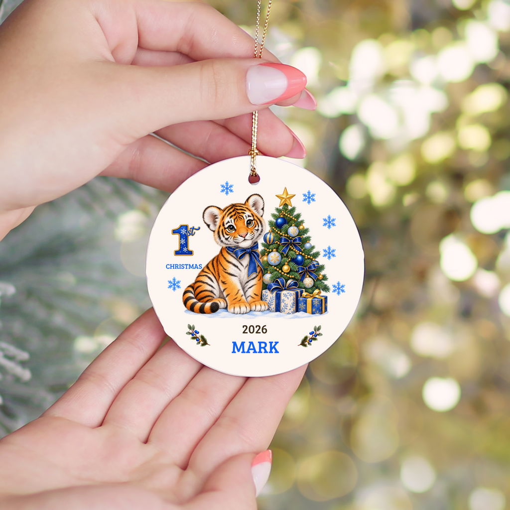 Personalized Baby Tiger Christmas Ornament, Baby's 1st to 10th Christmas Keepsake, Custom Name and Year, Pink or Blue, Ceramic Gift
