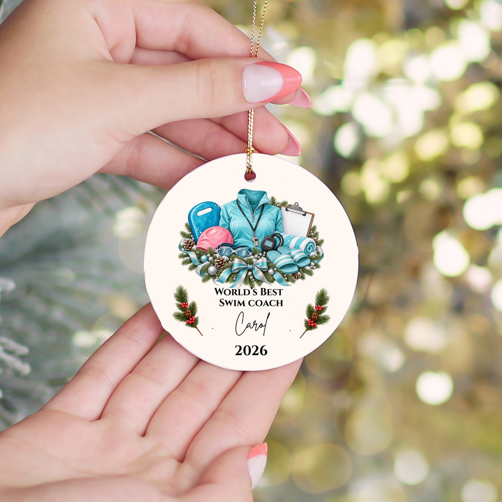Personalized Swim Coach Ornament, Swimming Coach Christmas Gift, Custom Coach Appreciation Keepsake, Swim Team Gift, Name and Year