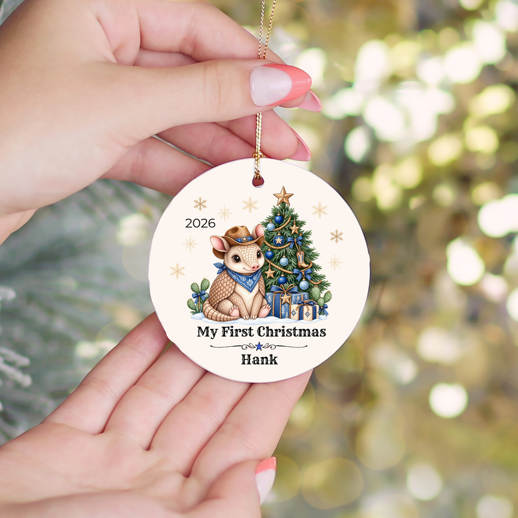 Personalized Baby Armadillo Christmas Ornament, Baby's First Christmas, Western Cowboy Cowgirl Baby Gift, Custom Name Year, Blue or Pink