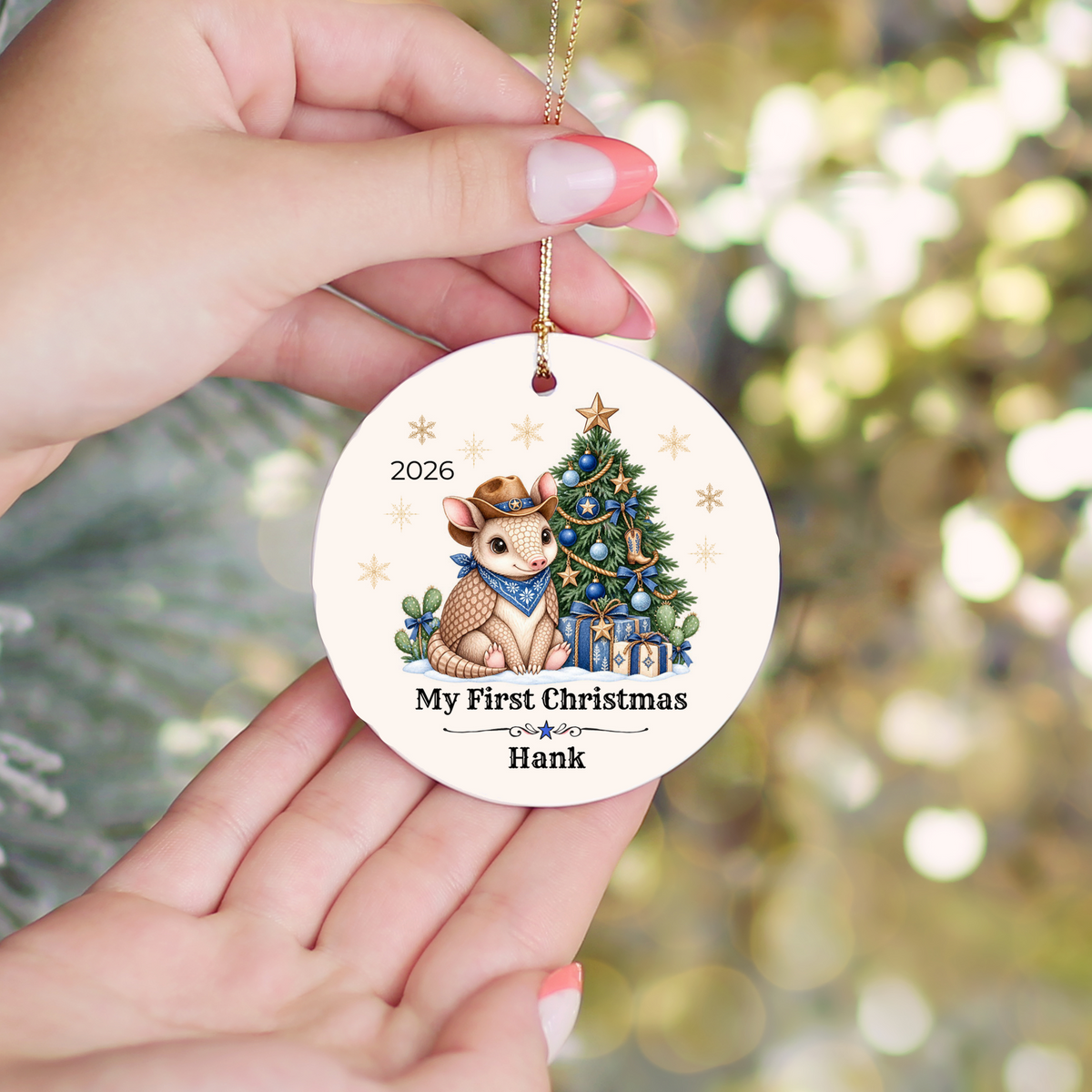Personalized Baby Armadillo Christmas Ornament, Baby's First Christmas, Western Cowboy Cowgirl Baby Gift, Custom Name Year, Blue or Pink