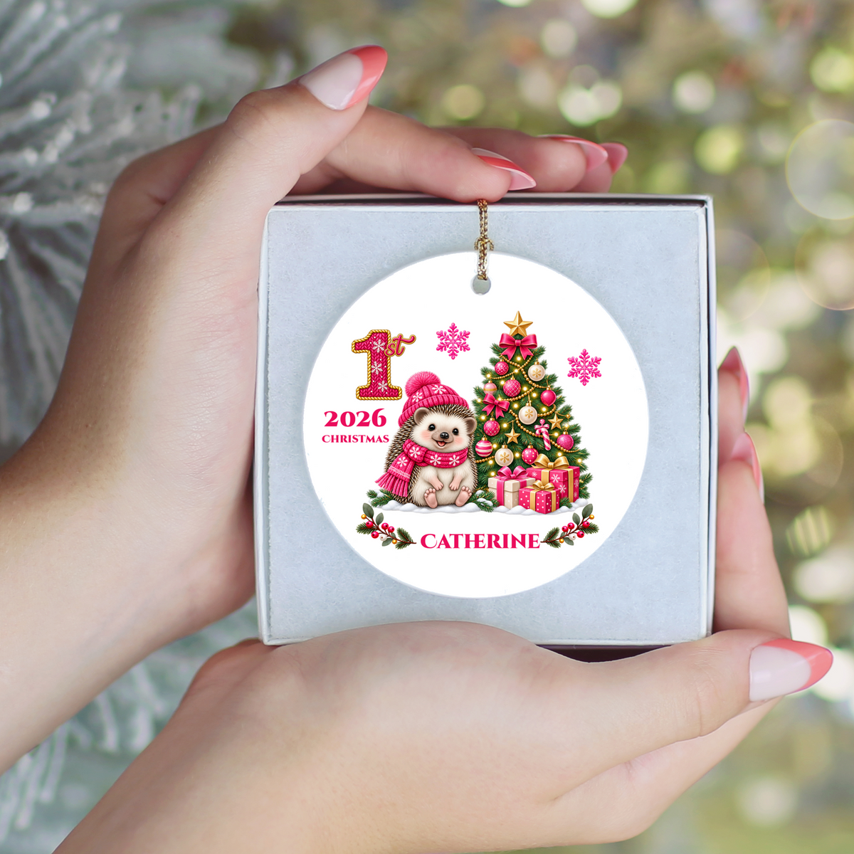 Hedgehog Baby Personalized Christmas Ornament Pink, Baby's 1st 2nd 3rd Christmas, Custom Name Year Ceramic Keepsake, Girl Gift