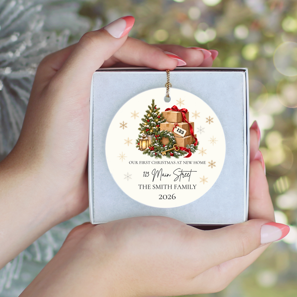 Personalized First Christmas in New Home Ornament, Custom Address Christmas Decoration, Moving Boxes Ornament, New Homeowner Housewarming Gift