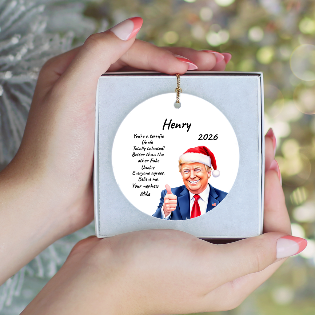Personalized Trump Christmas Ornament, Funny Santa Hat Trump Gift, Custom Name Year and Relationship, 3 Inch Ceramic Holiday Keepsake