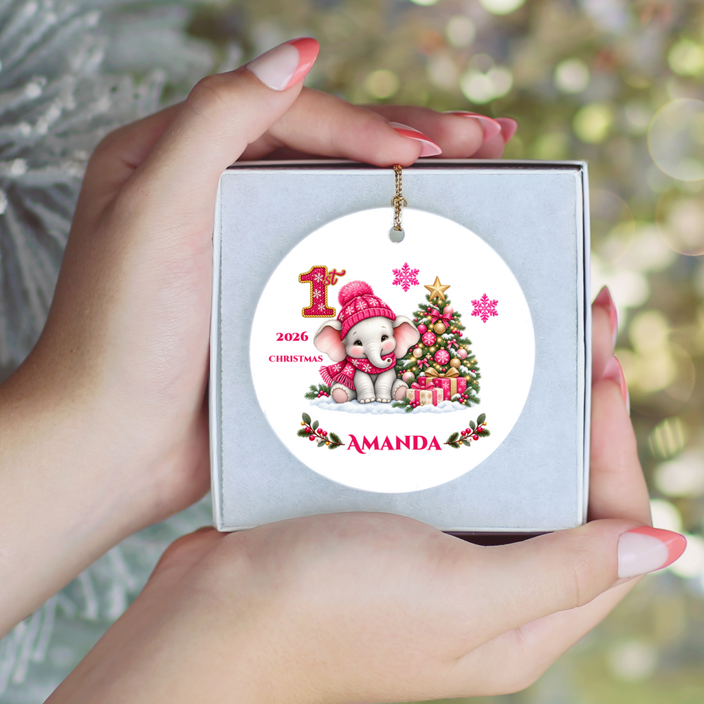 Elephant Baby Personalized Christmas Ornament Pink, Baby's 1st 2nd 3rd Christmas, Custom Name Year Ceramic Keepsake, Girl Gift