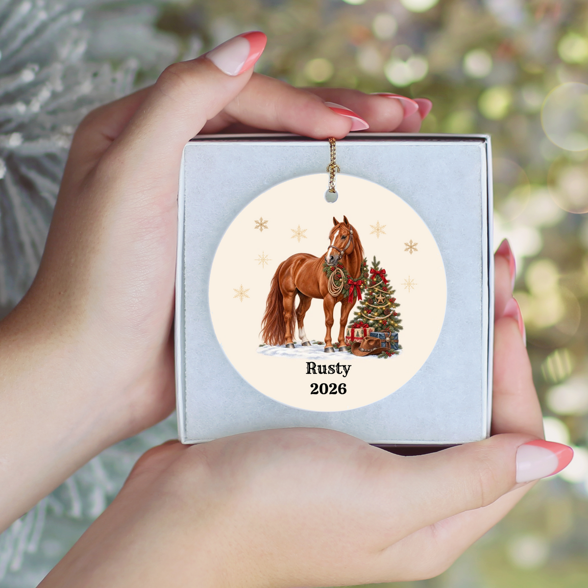 Personalized Horse Christmas Ornament, Custom Horse Photo Portrait, Western Cowboy Ceramic Ornament, Horse Name and Year, Equestrian Gift