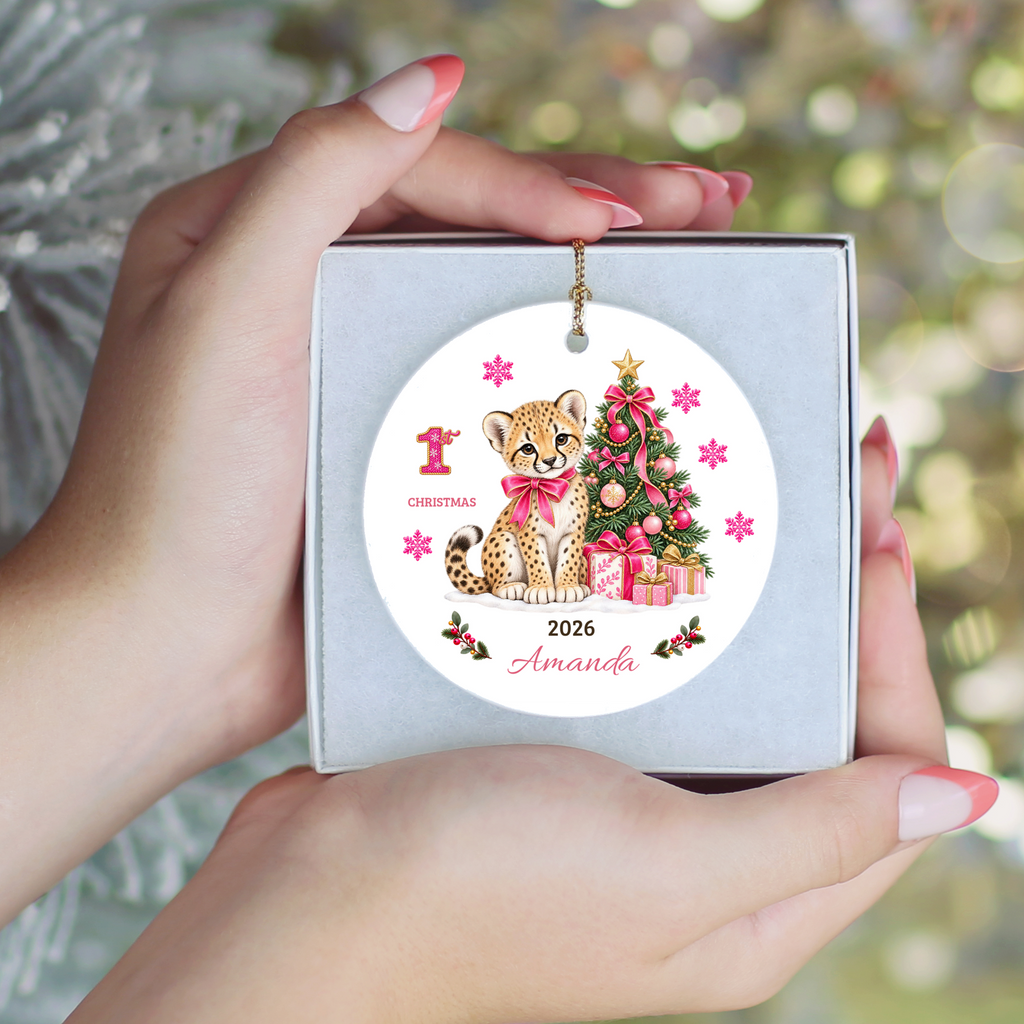 Personalized Baby Girl Cheetah Christmas Ornament, Baby's First Christmas, 1st–10th Year Keepsake, Custom Name and Year, Pink or Blue