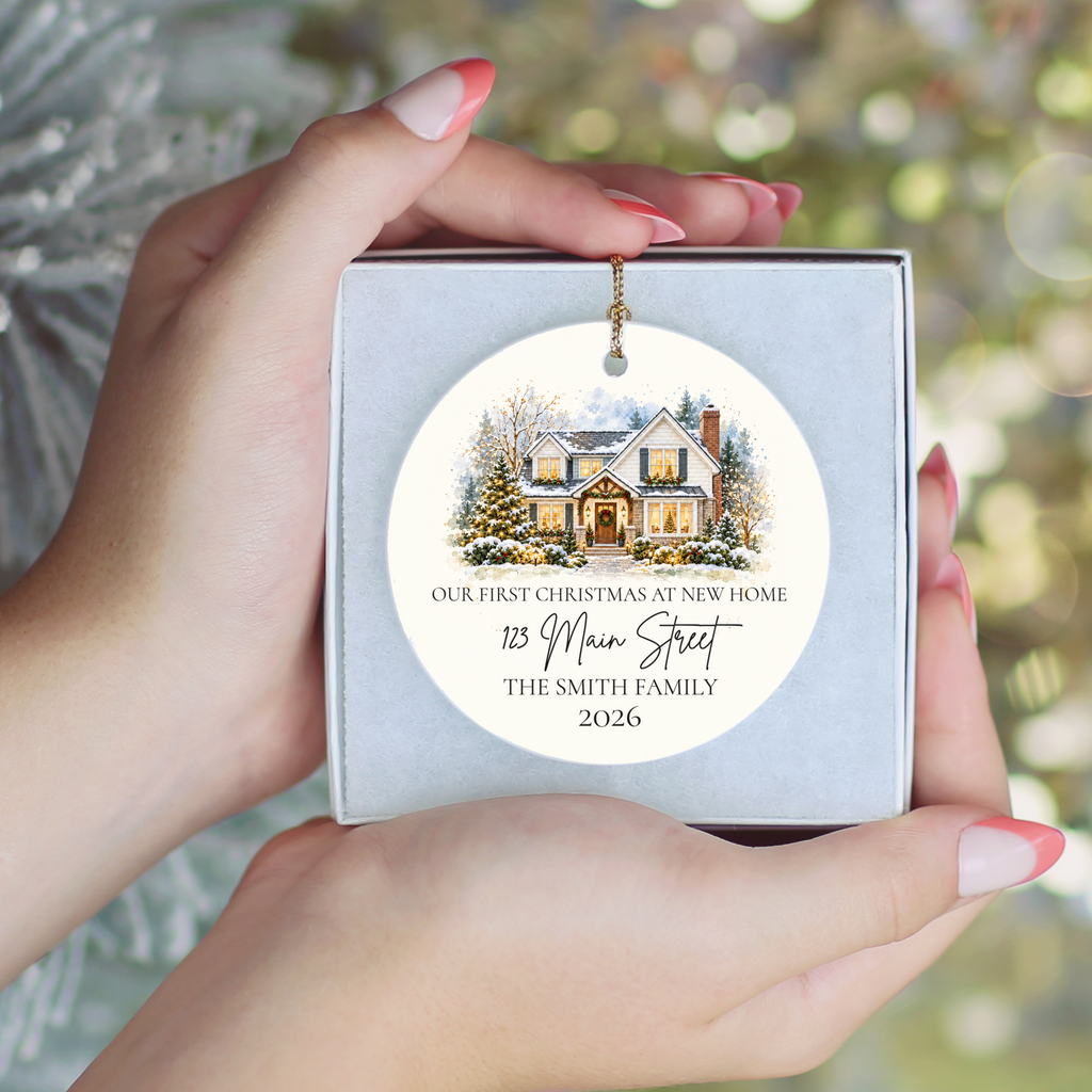 Custom House Photo Christmas Ornament, Personalized First Christmas in New Home, Watercolor House Portrait, Address Family Name Ceramic Gift