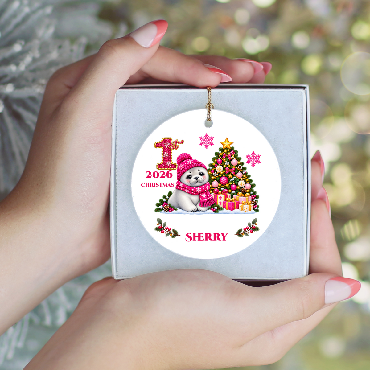 Baby Seal Pup Personalized Christmas Ornament, Custom Name Year Ceramic Keepsake, Baby’s 1st 2nd 3rd Christmas, Girl Gift