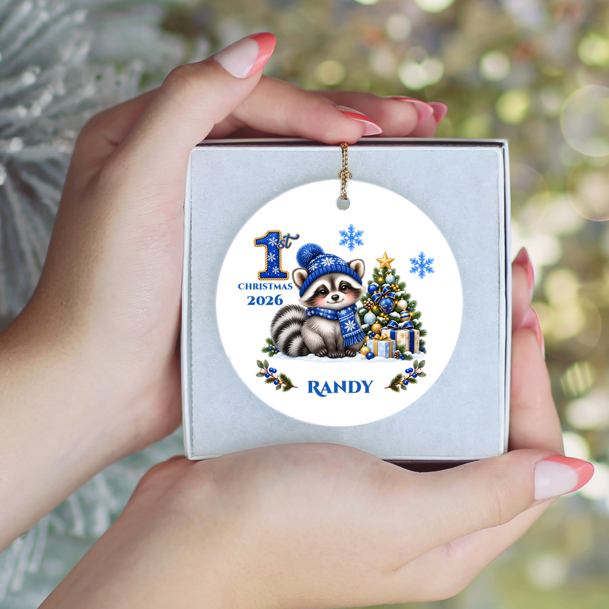 Christmas Raccoon Ornament, Woodland Animal Holiday Decor, Blue Winter Tree Ornament, Cute Wildlife Gift, Ceramic Tree Decoration 3 Inch