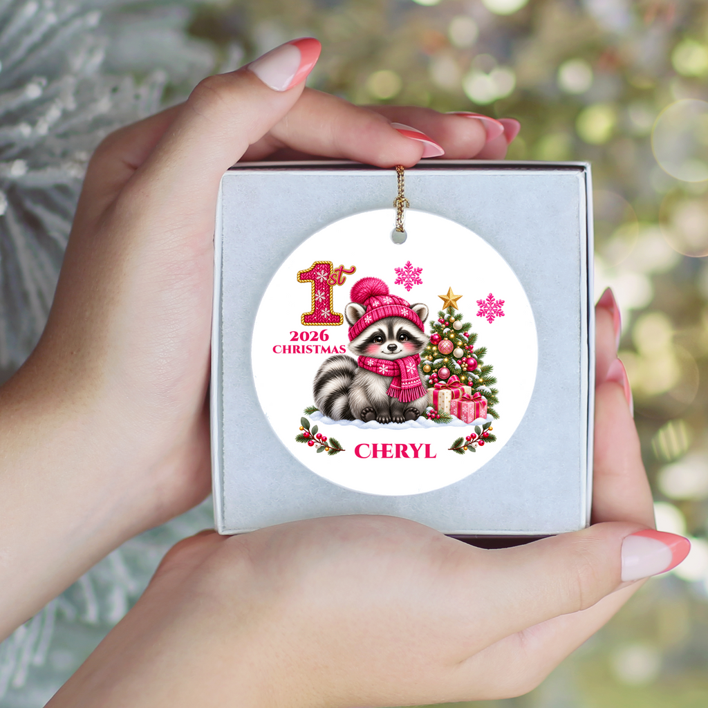 Baby Raccoon Personalized Christmas Ornament, First Christmas Keepsake, Pink Winter Animal Ceramic Tree Decoration, New Baby Gift 2026