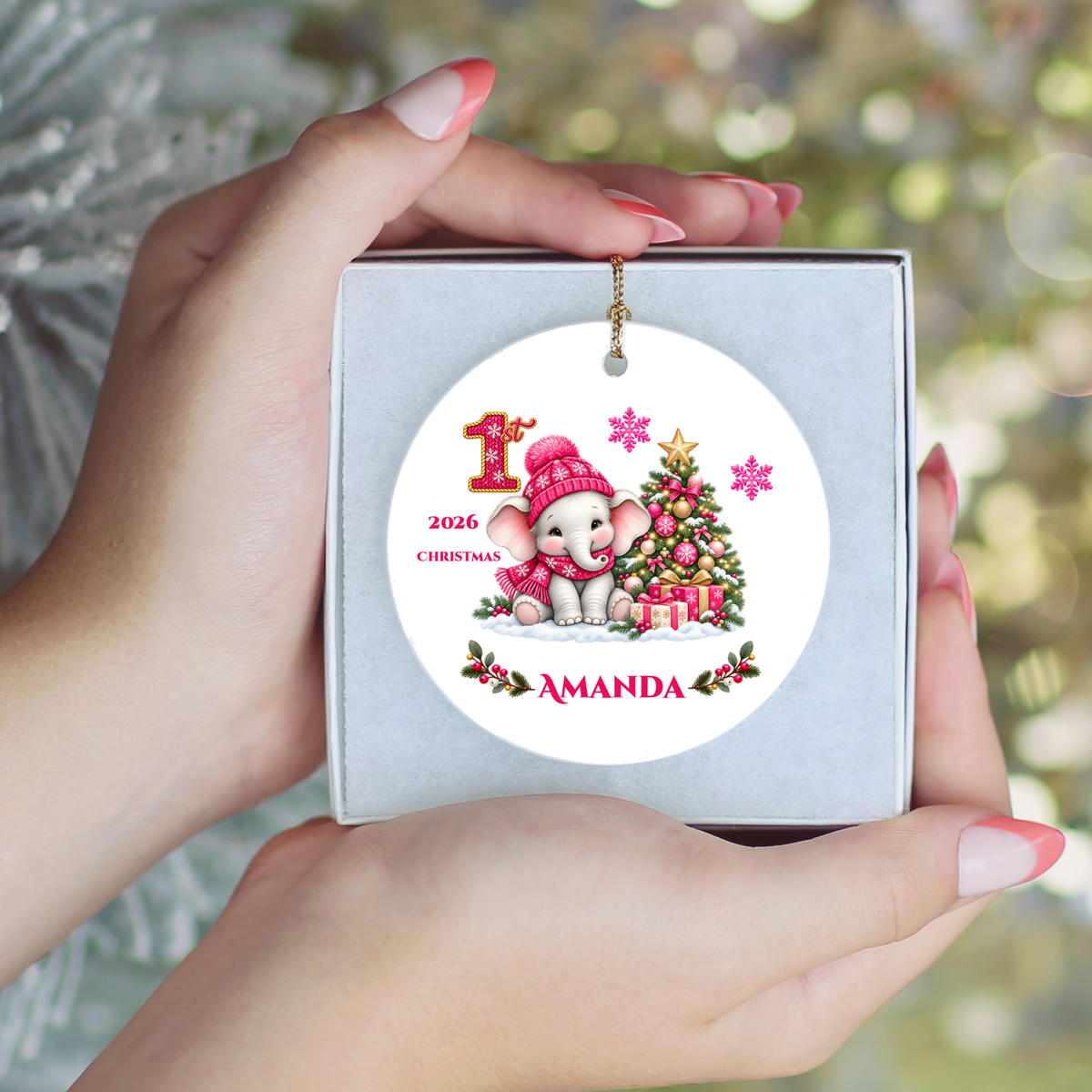 Elephant Baby Personalized Christmas Ornament, Baby's 1st 2nd 3rd Christmas, Custom Name Year Ceramic Keepsake, Girl Gift