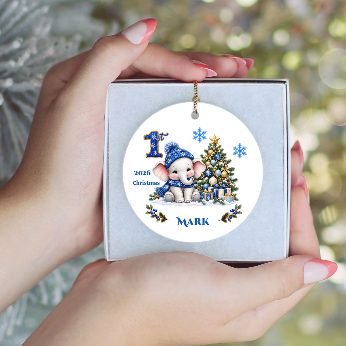 Elephant Baby Personalized Christmas Ornament Blue, Baby's 1st 2nd 3rd Christmas, Custom Name Year Ceramic Keepsake, Girl Gift