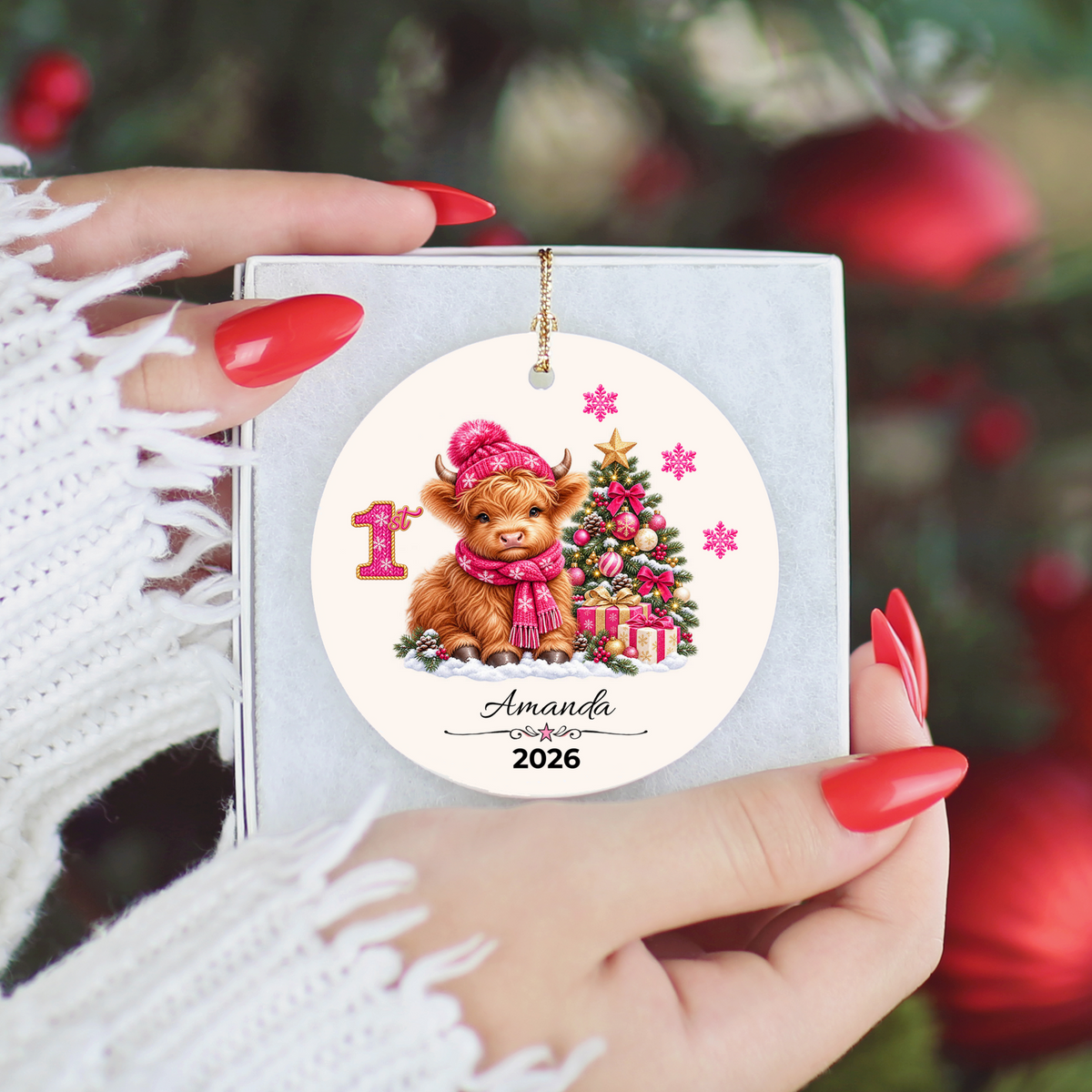 Personalized Christmas Ornament – Pink Girl Highland Cow First, Second, Third Christmas 2026, Custom Name Keepsake, 3 Inch Ceramic Holiday Decor