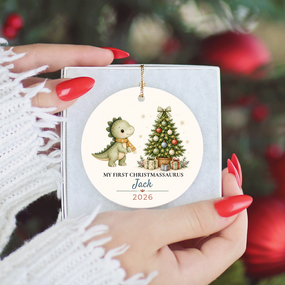 Personalized Dinosaur Christmas Ornament, Baby Boy 1st 2nd 3rd Christmas, Custom Name Year, Christmassaurus Ceramic Keepsake