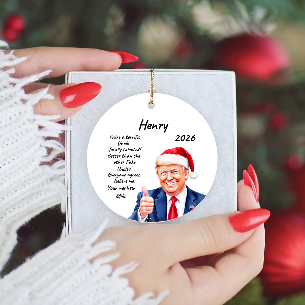 Personalized Trump Christmas Ornament, Funny Santa Hat Trump Gift, Custom Name Year and Relationship, 3 Inch Ceramic Holiday Keepsake