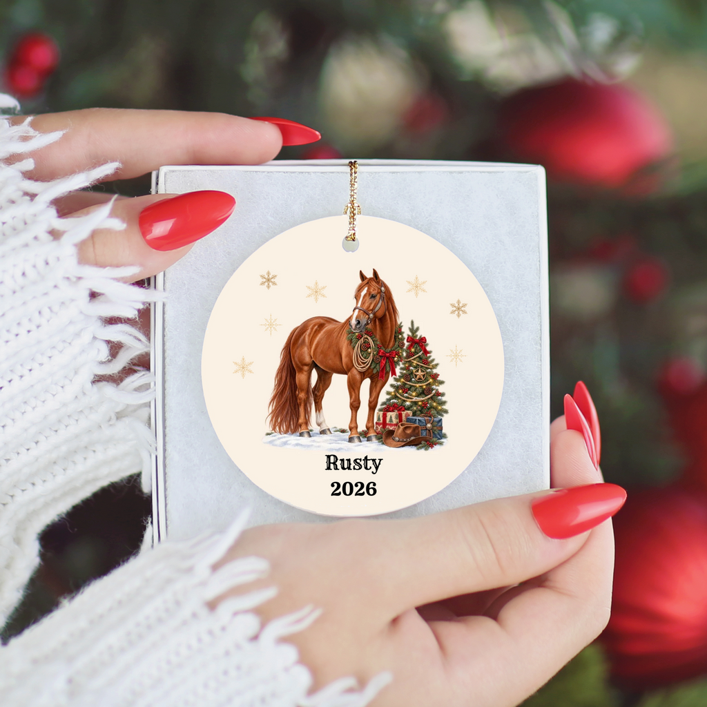 Personalized Horse Christmas Ornament, Custom Horse Photo Portrait, Western Cowboy Ceramic Ornament, Horse Name and Year, Equestrian Gift