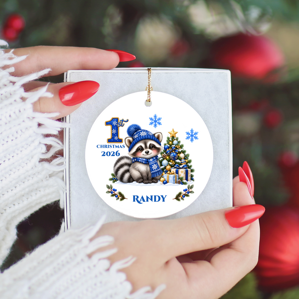 Christmas Raccoon Ornament, Woodland Animal Holiday Decor, Blue Winter Tree Ornament, Cute Wildlife Gift, Ceramic Tree Decoration 3 Inch