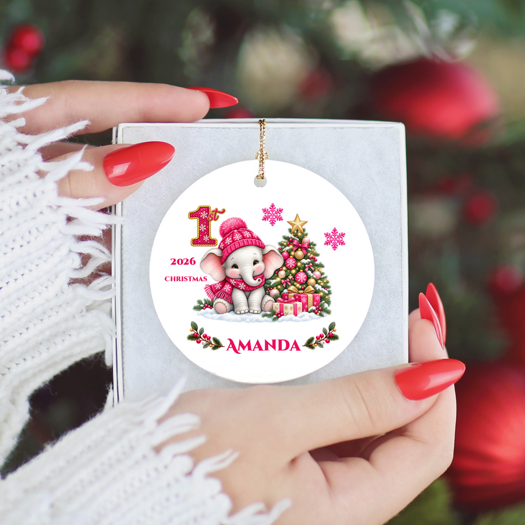 Elephant Baby Personalized Christmas Ornament Pink, Baby's 1st 2nd 3rd Christmas, Custom Name Year Ceramic Keepsake, Girl Gift