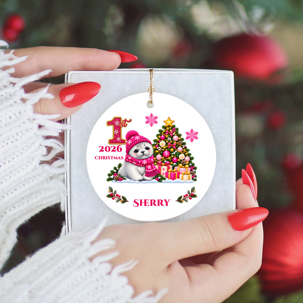Baby Seal Pup Personalized Christmas Ornament, Custom Name Year Ceramic Keepsake, Baby’s 1st 2nd 3rd Christmas, Girl Gift