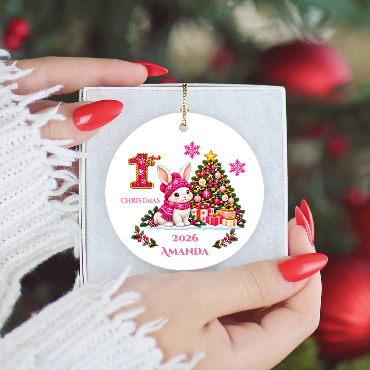 Baby Bunny Personalized Christmas Ornament. Baby's 1st 2nd 3rd Christmas, Custom Name Year Ceramic Keepsake, Girl Gift