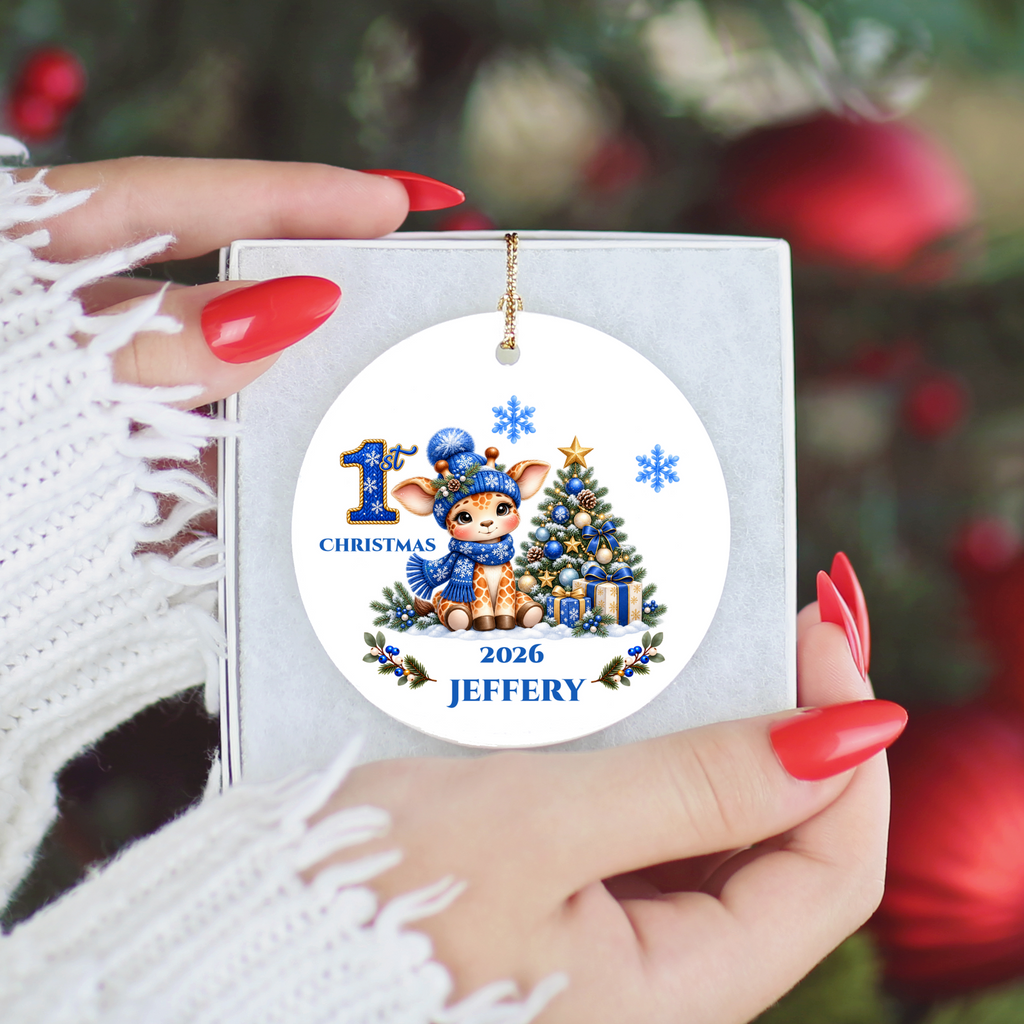 Giraffe Baby Personalized Christmas Ornament, Baby's 1st 2nd 3rd Christmas, Custom Name Year Ceramic Keepsake, Boy or Girl Gift