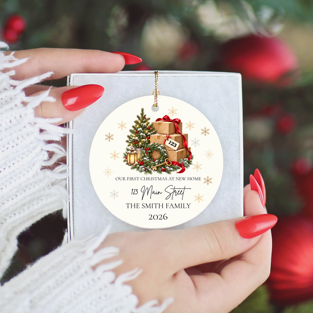 Personalized First Christmas in New Home Ornament, Custom Address Christmas Decoration, Moving Boxes Ornament, New Homeowner Housewarming Gift