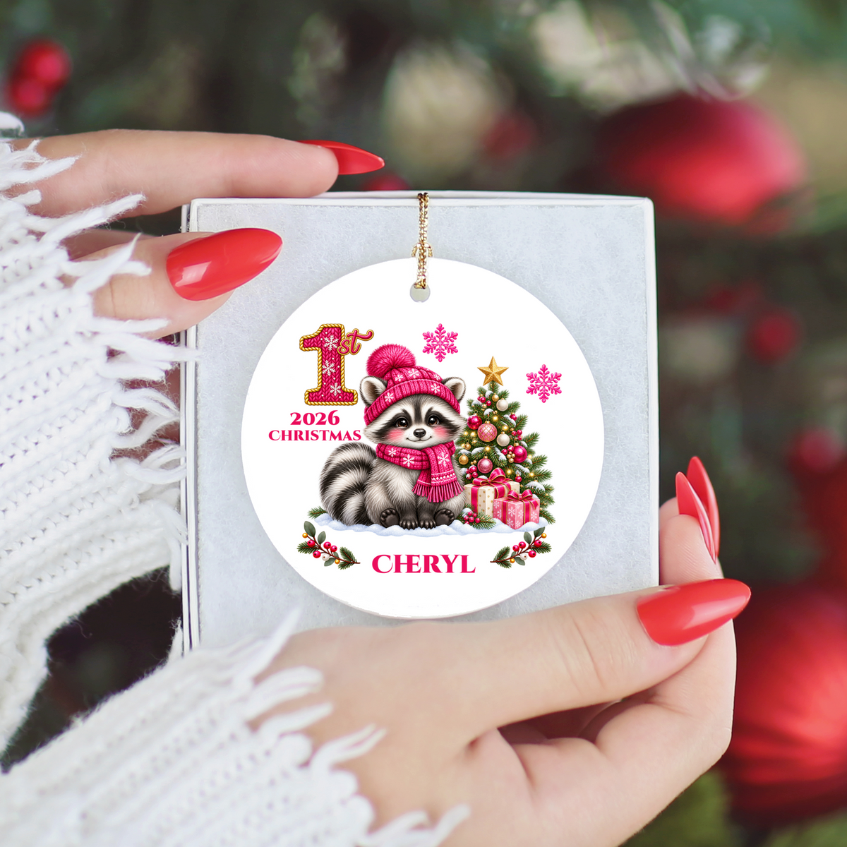Baby Raccoon Personalized Christmas Ornament, First Christmas Keepsake, Pink Winter Animal Ceramic Tree Decoration, New Baby Gift 2026