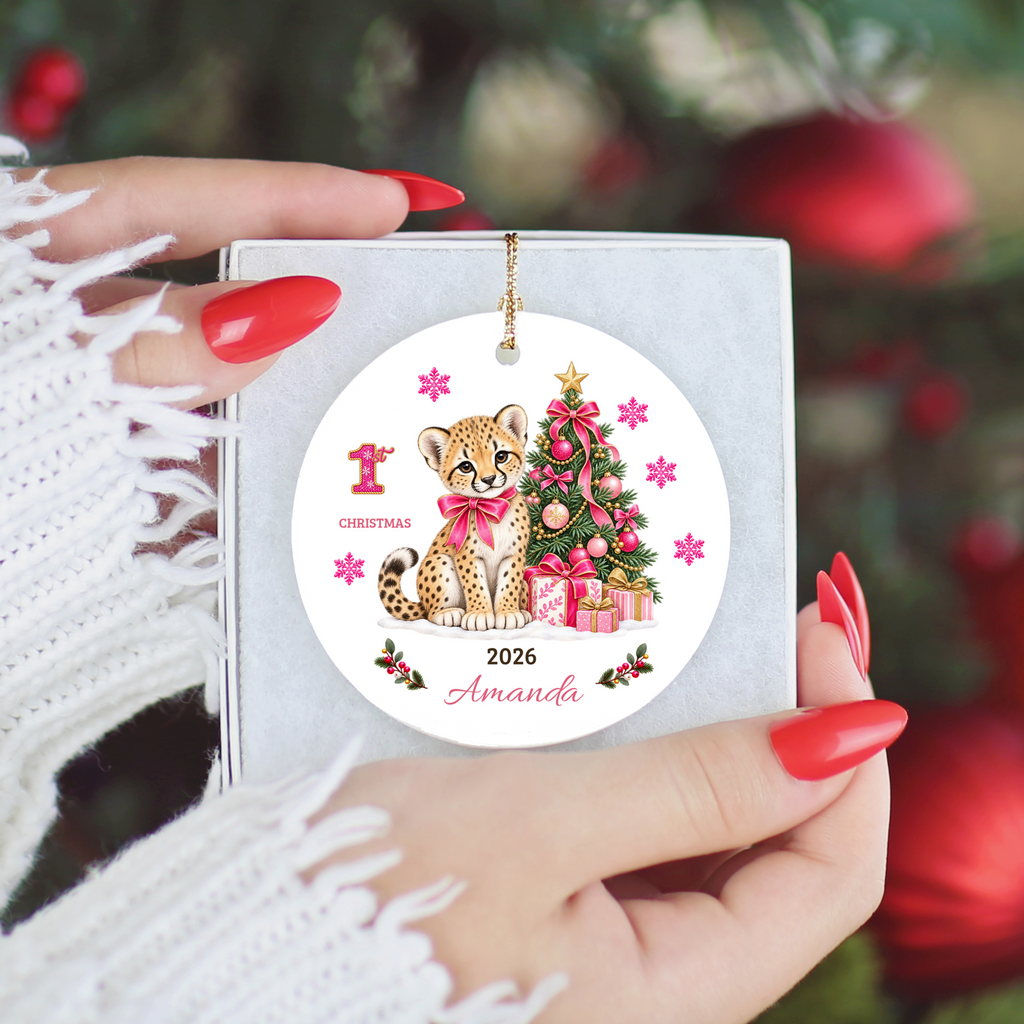 Personalized Baby Girl Cheetah Christmas Ornament, Baby's First Christmas, 1st–10th Year Keepsake, Custom Name and Year, Pink or Blue
