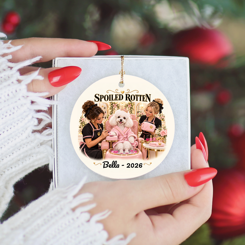 Personalized Pet Photo Christmas Ornament, Spoiled Rotten Dog Spa Ornament, Custom Dog or Cat Gift, Pet Name and Year, Ceramic Keepsake