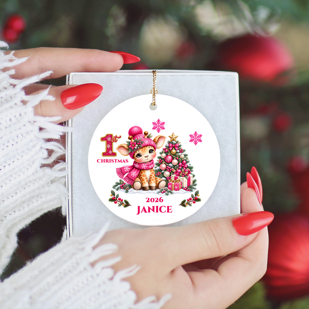 Giraffe Baby Personalized Christmas Ornament, Baby's 1st 2nd 3rd Christmas, Custom Name Year Ceramic Keepsake, Boy or Girl Gift