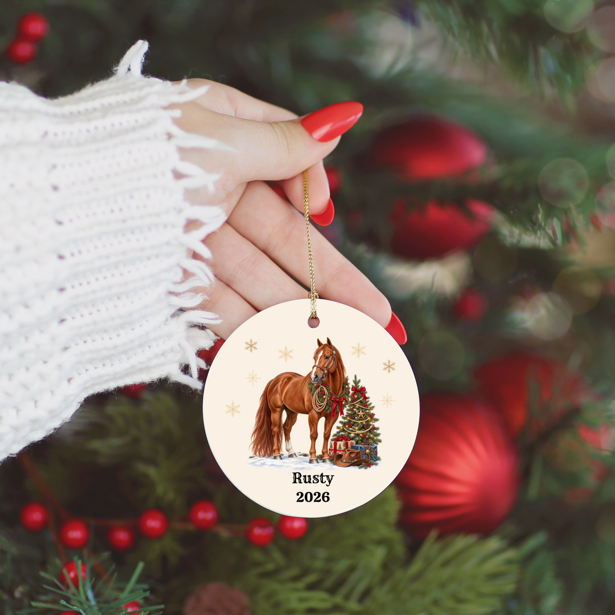 Personalized Horse Christmas Ornament, Custom Horse Photo Portrait, Western Cowboy Ceramic Ornament, Horse Name and Year, Equestrian Gift